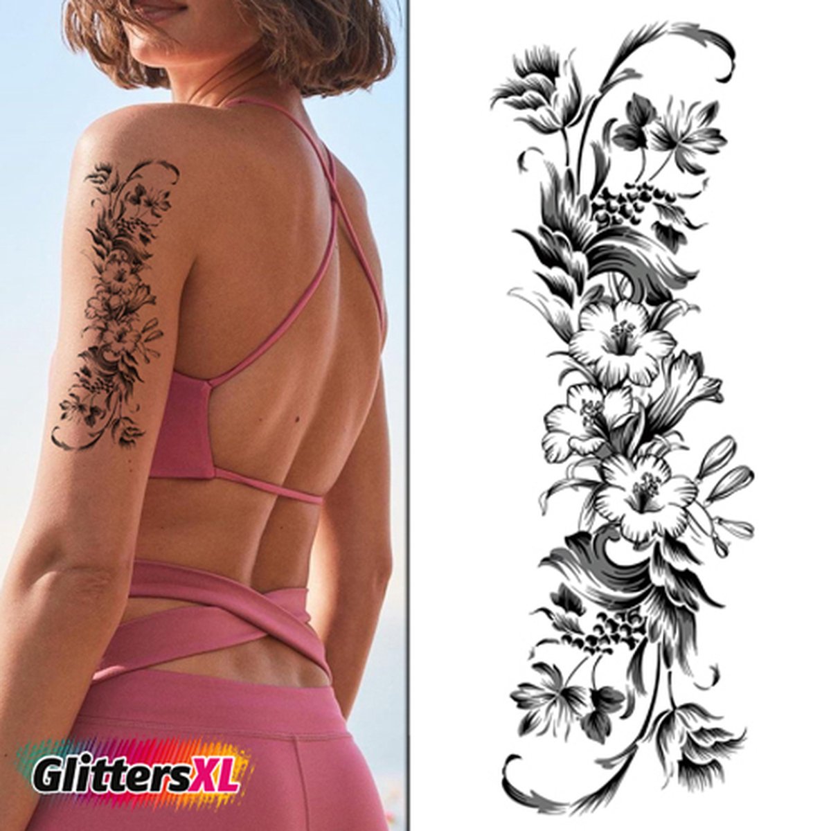 GlittersXL - Temporary Tattoo Bloem (A5 formaat) [Neptattoo - Tijdelijke tatoeage - Nep Fake Tattoos - Water overdraagbare festival sticker henna outfit tattoo - Glitter tattoo - Volwassenen Kinderen Jongen Meisje]